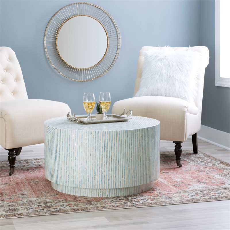 Maklaine Round Modern Mosaic Inlay Coffee Table in Blue & Gray Mother of Pearl