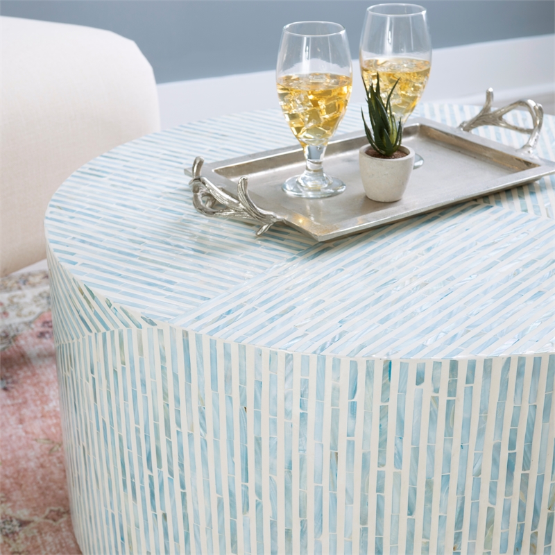 Maklaine Round Modern Mosaic Inlay Coffee Table in Blue & Gray Mother of Pearl