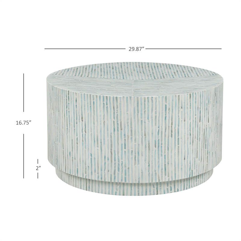 Maklaine Round Modern Mosaic Inlay Coffee Table in Blue & Gray Mother of Pearl