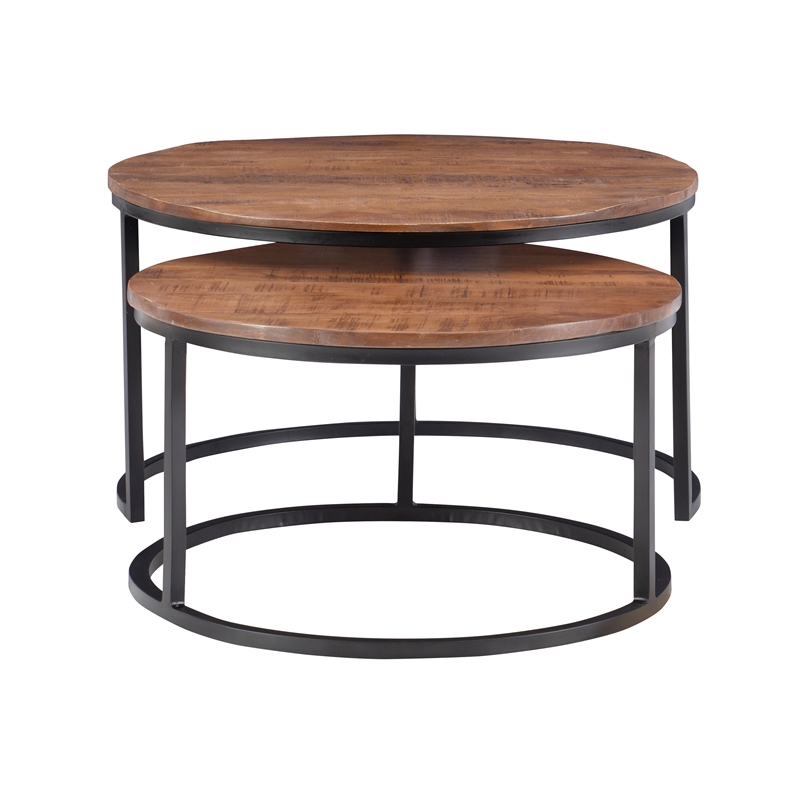 Maklaine Round Wood Nesting Coffee Tables (Set of 2) in Black Matte Iron