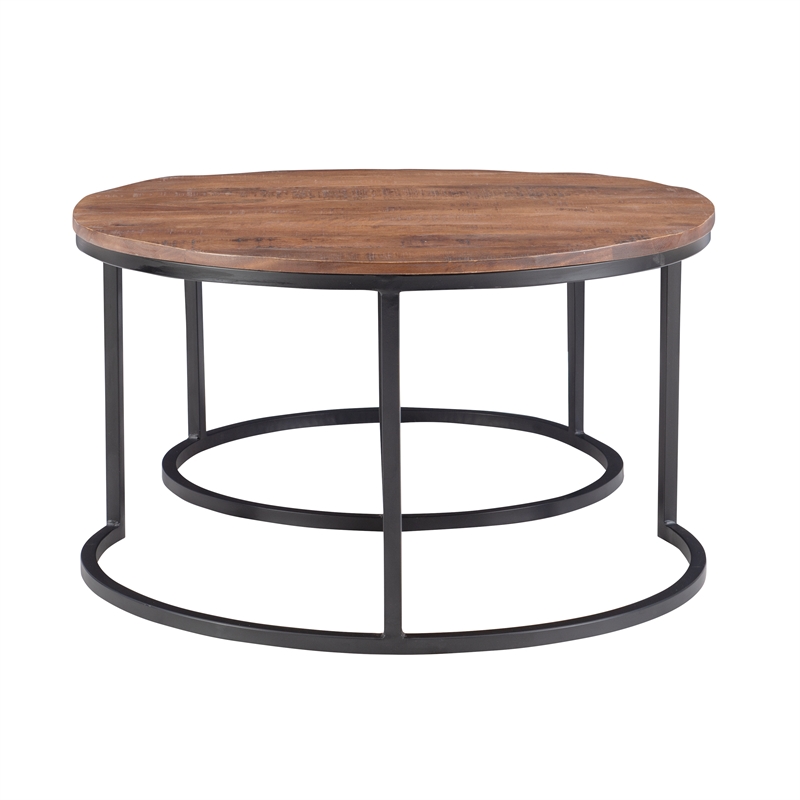 Maklaine Round Wood Nesting Coffee Tables (Set of 2) in Black Matte Iron