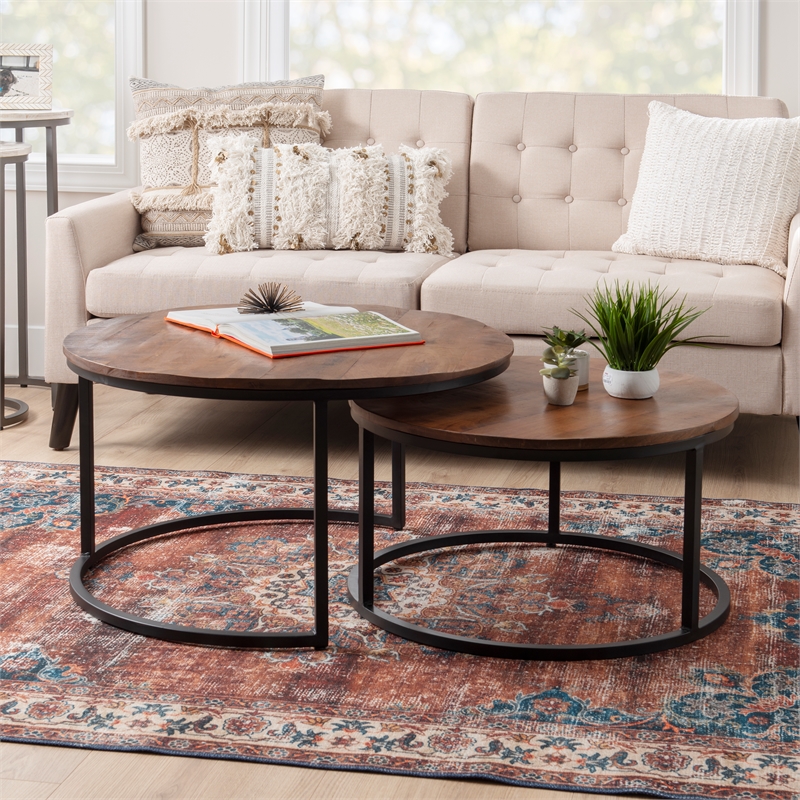 Maklaine Round Wood Nesting Coffee Tables (Set of 2) in Black Matte Iron