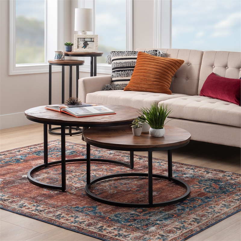 Maklaine Round Wood Nesting Coffee Tables (Set of 2) in Black Matte Iron