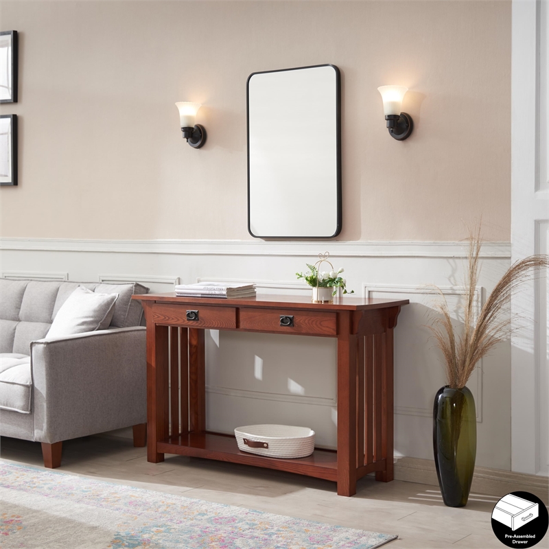 Maklaine Transitional Wood Console Table with Drawers and Shelf in Oak