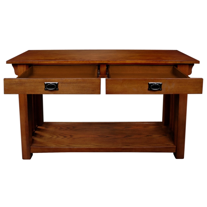 Maklaine Transitional Wood Console Table with Drawers and Shelf in Oak