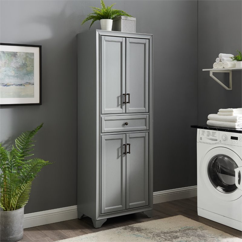 Maklaine Traditional Wood 4 Door Pantry in Distressed Gray/Black