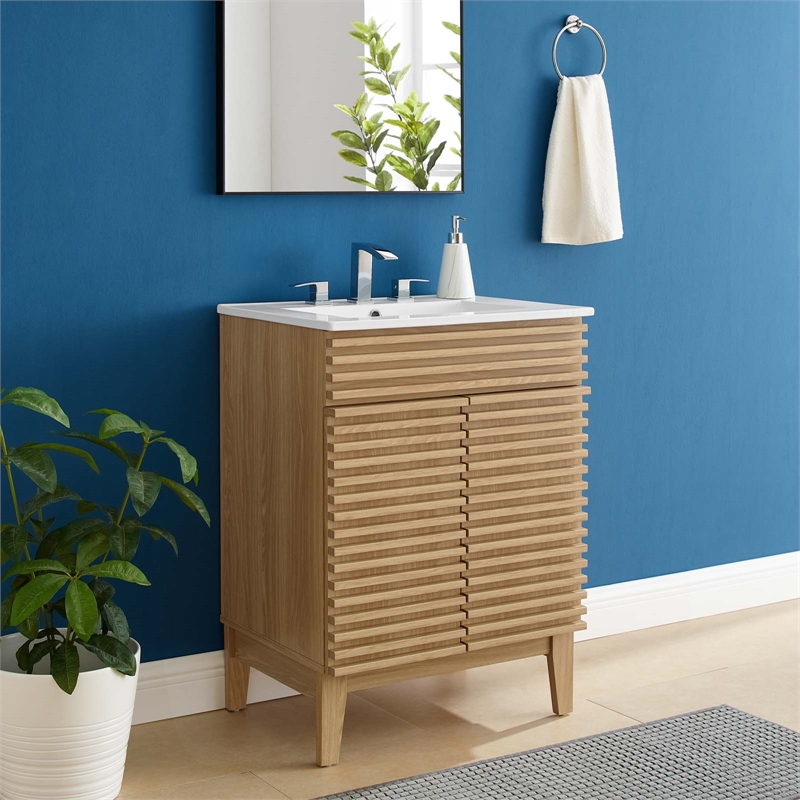 Maklaine Modern / Contemporary Wood Bathroom Vanity in Oak and White