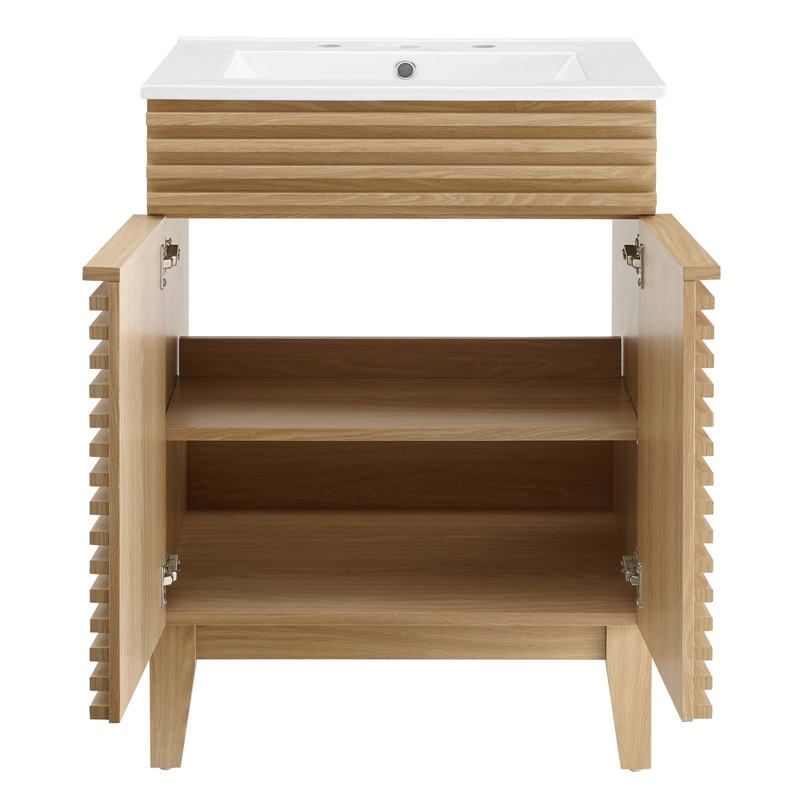 Maklaine Modern / Contemporary Wood Bathroom Vanity in Oak and White
