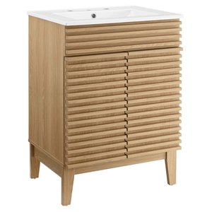 Maklaine Modern / Contemporary Wood Bathroom Vanity in Oak and White