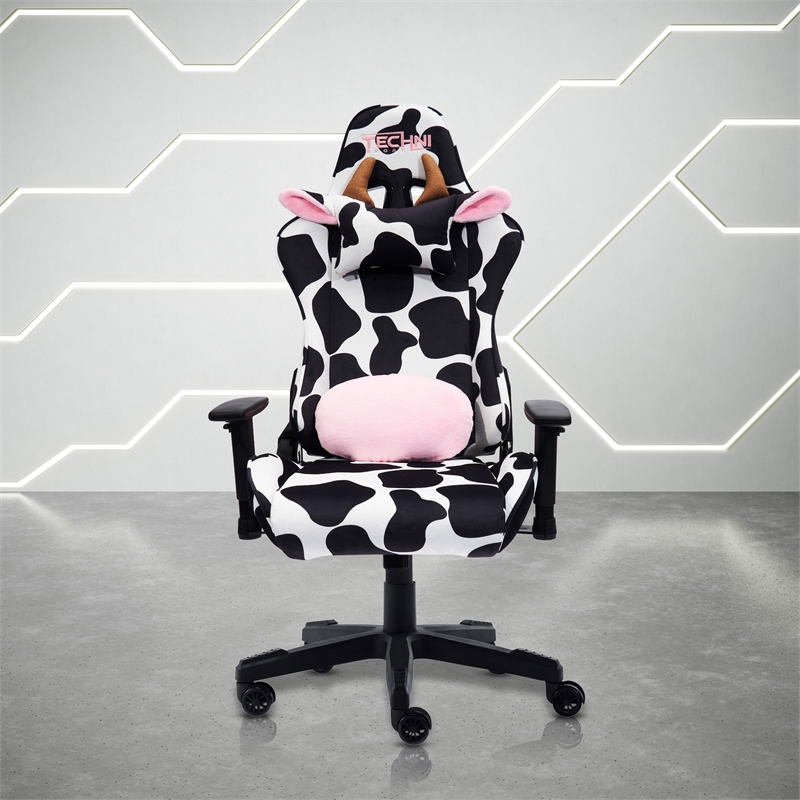 Maklaine Contemporary Cow Print Fabric Gaming Chair Black/White