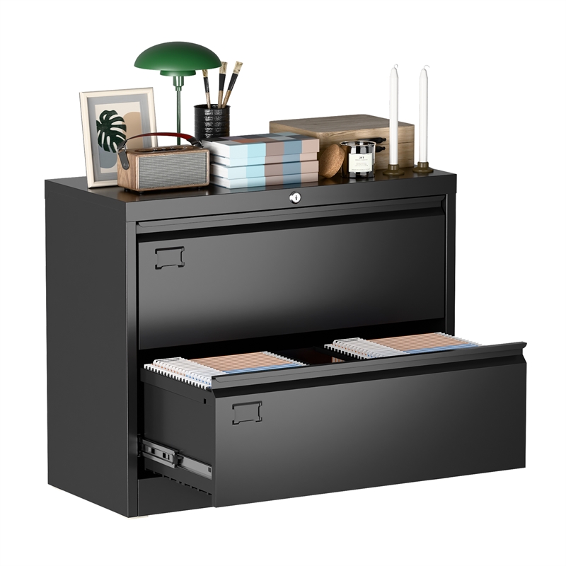Maklaine 2-Drawer Steel Metal Lateral Locking Filing Cabinet with Lock in Black