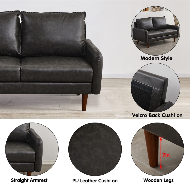 Maklaine Modern Sofa Faux Leather Couch for Living Room Office Dark Gray
