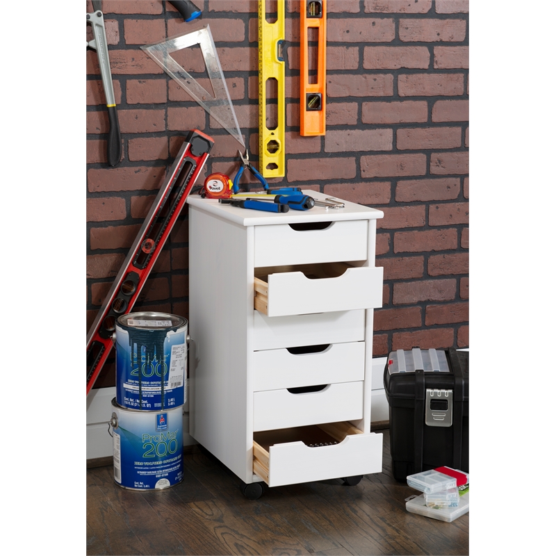Maklaine Transitional Six Drawer Rolling Storage Cart in White Wash Wood
