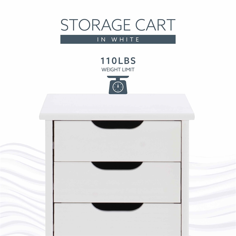 Maklaine Transitional Six Drawer Rolling Storage Cart in White Wash Wood