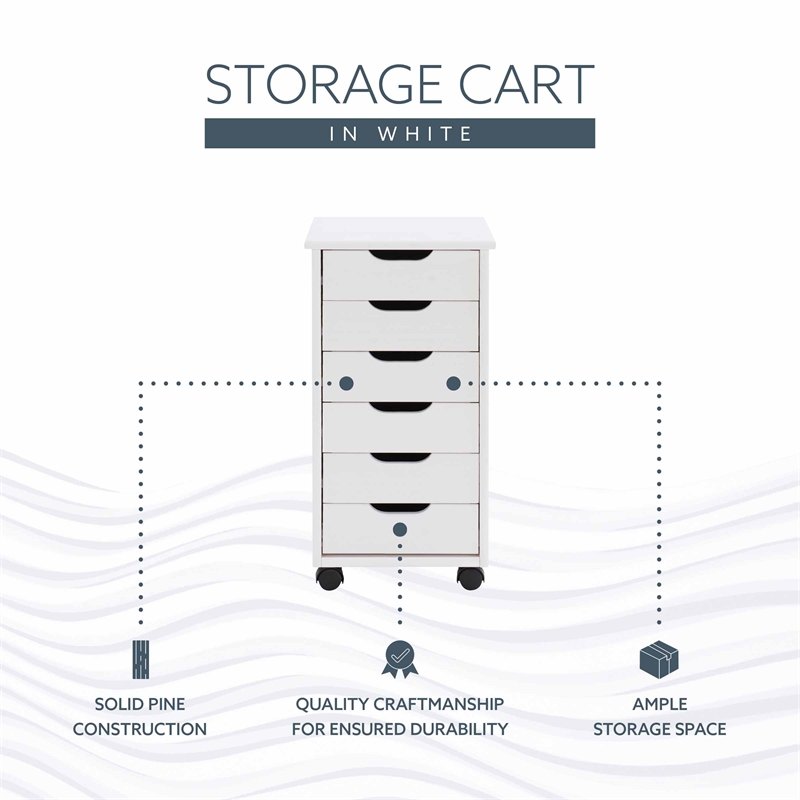 Maklaine Transitional Six Drawer Rolling Storage Cart in White Wash Wood