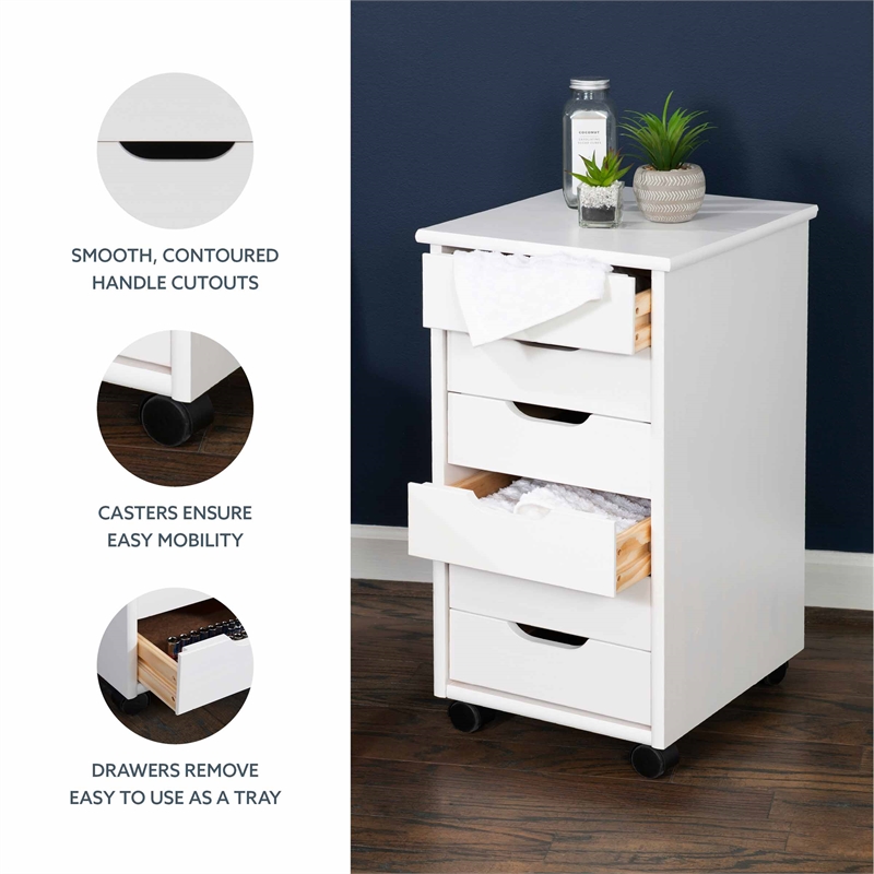 Maklaine Transitional Six Drawer Rolling Storage Cart in White Wash Wood