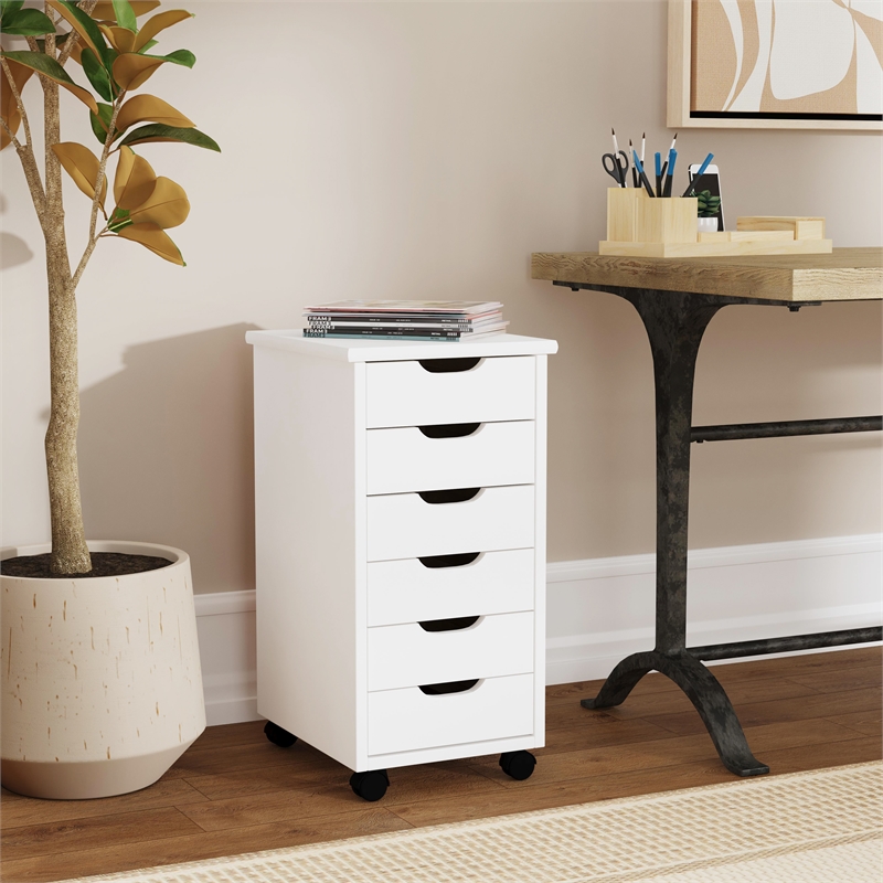 Maklaine Transitional Six Drawer Rolling Storage Cart in White Wash Wood