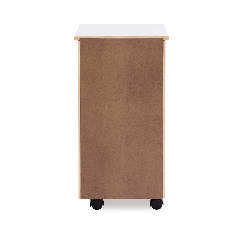 Maklaine Transitional Six Drawer Rolling Storage Cart in White Wash Wood