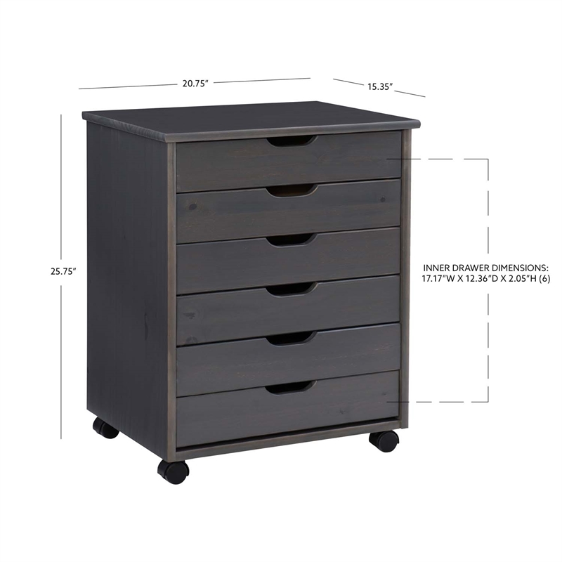 Maklaine Transitional Six Drawer Wide Rolling Cart in Gray Wood