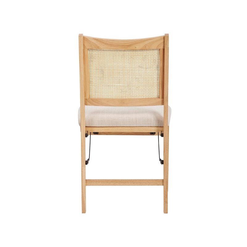 Maklaine Folding Side Chair Woven Cane Back Beige Padded Seat in Natural Wood