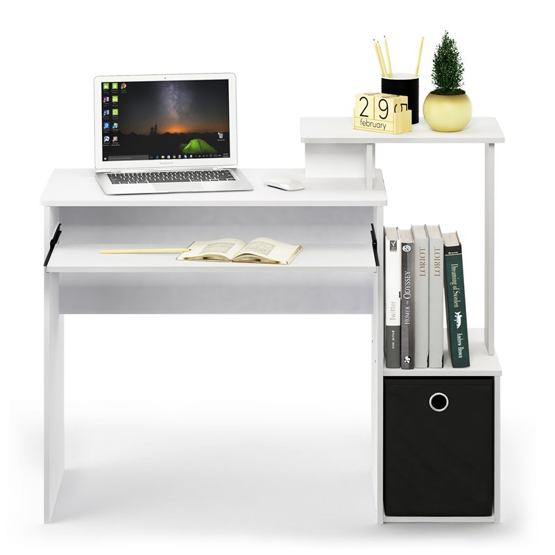 Maklaine Wood Multipurpose Computer Writing Desk w/Bin in White/Black