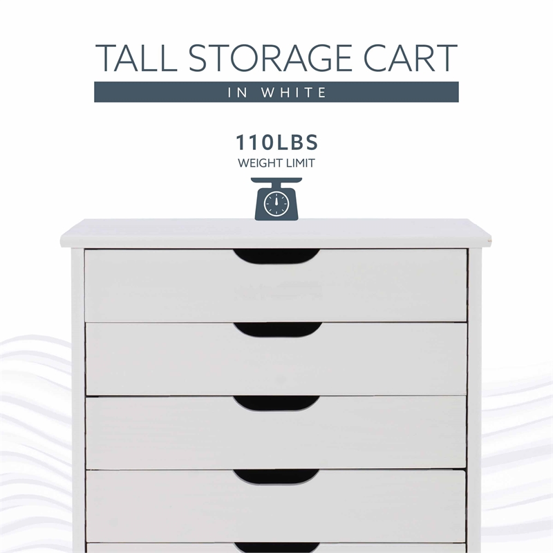Maklaine Eight Drawer Rolling Storage Cart in White Wash Wood