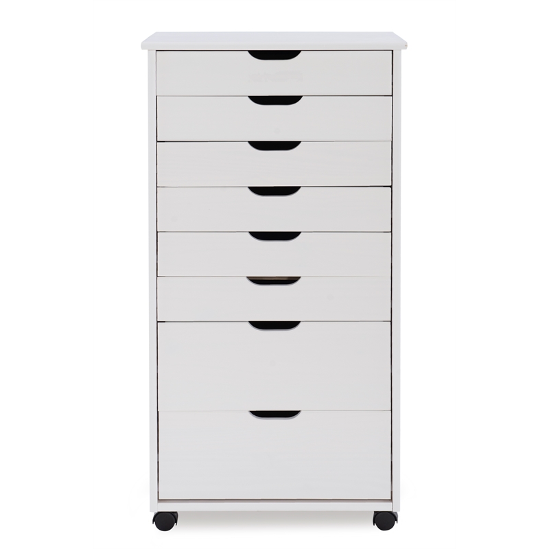 Maklaine Eight Drawer Rolling Storage Cart in White Wash Wood
