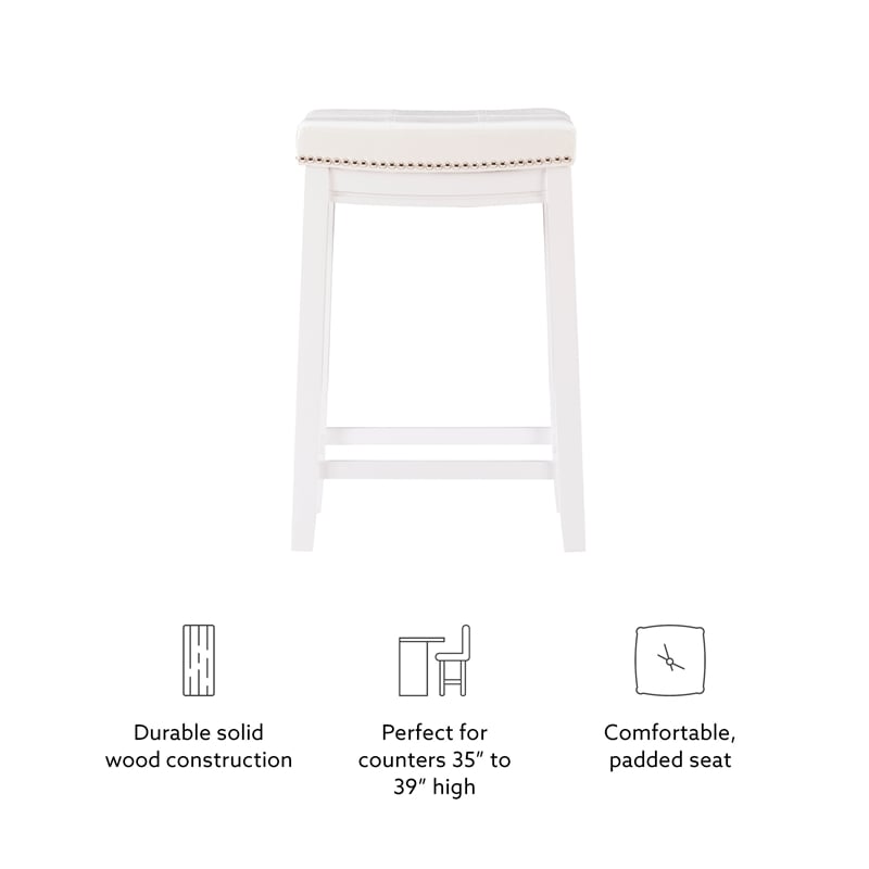 Maklaine Backless Counter Stool White Faux Leather Wood Frame in White
