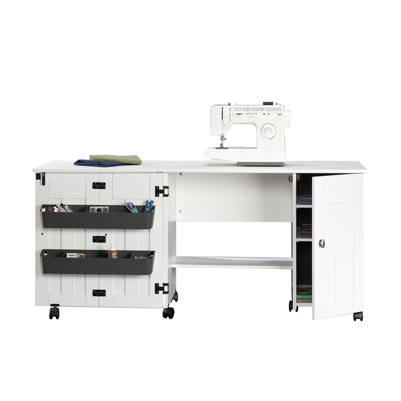 Maklaine Engineered Wood Drop-Leaf Sewing or Craft Table in Soft White