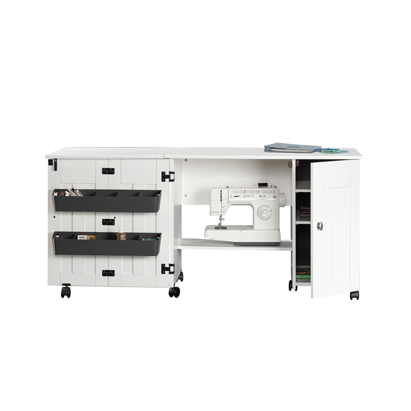Maklaine Engineered Wood Drop-Leaf Sewing or Craft Table in Soft White