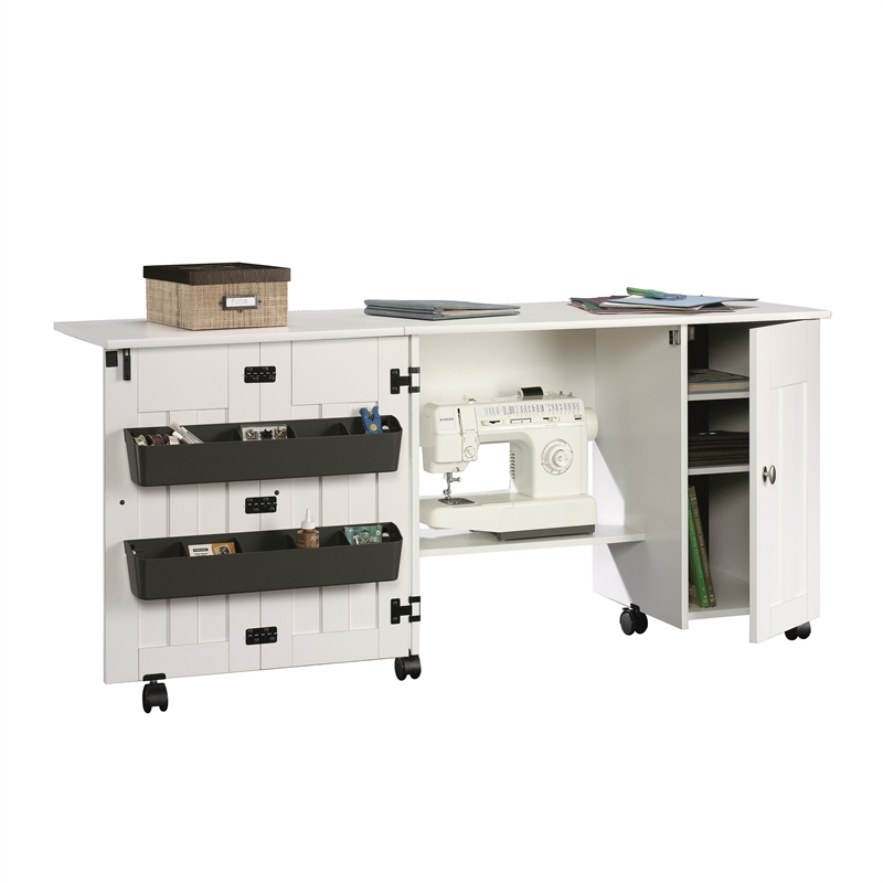 Maklaine Engineered Wood Drop-Leaf Sewing or Craft Table in Soft White