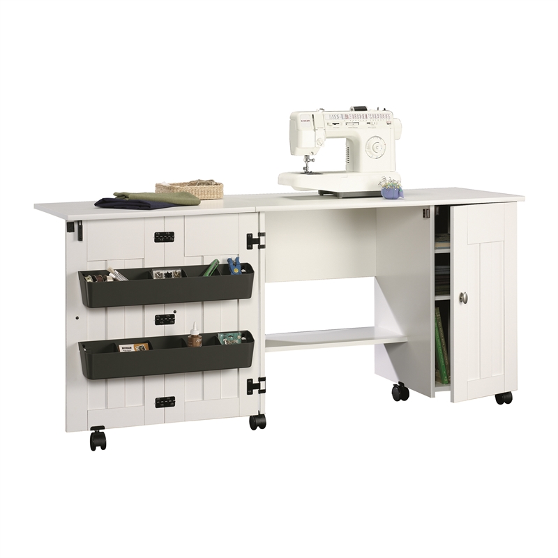 Maklaine Engineered Wood Drop-Leaf Sewing or Craft Table in Soft White