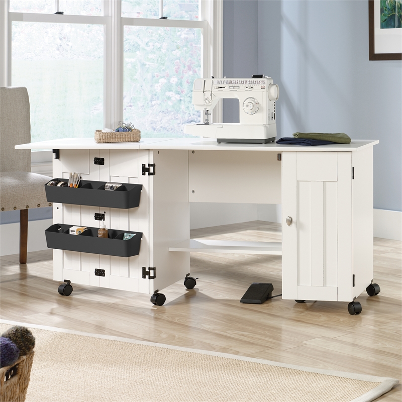 Maklaine Engineered Wood Drop-Leaf Sewing or Craft Table in Soft White