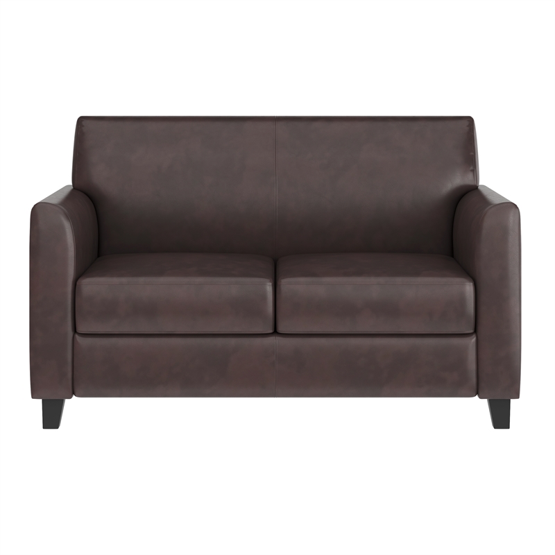 Maklaine Modern / Contemporary Leather Loveseat in Brown Finish