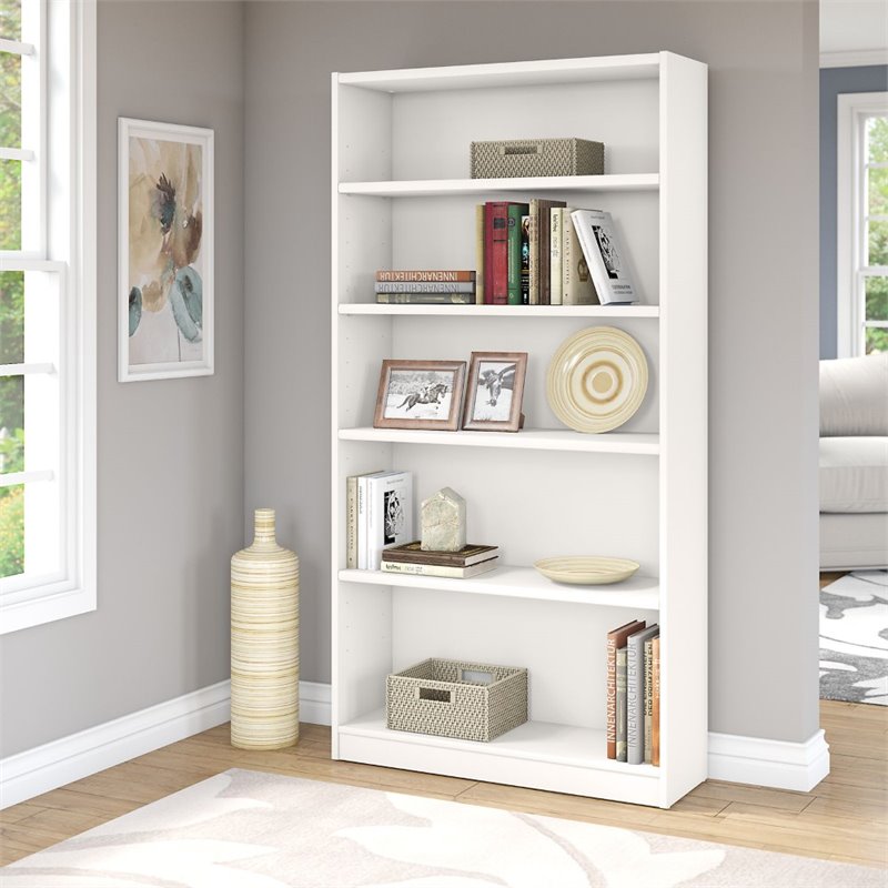 Maklaine Engineered Wood Universal 5 Shelf Bookcase in Pure White