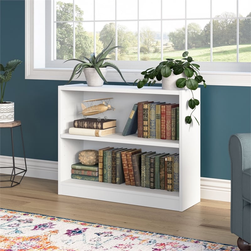 Maklaine Engineered Wood Universal 2 Shelf Bookcase in Pure White