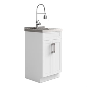 Maklaine 20&quotW Metal Laundry Cabinet with Faucet&Stainless Steel Sink in White