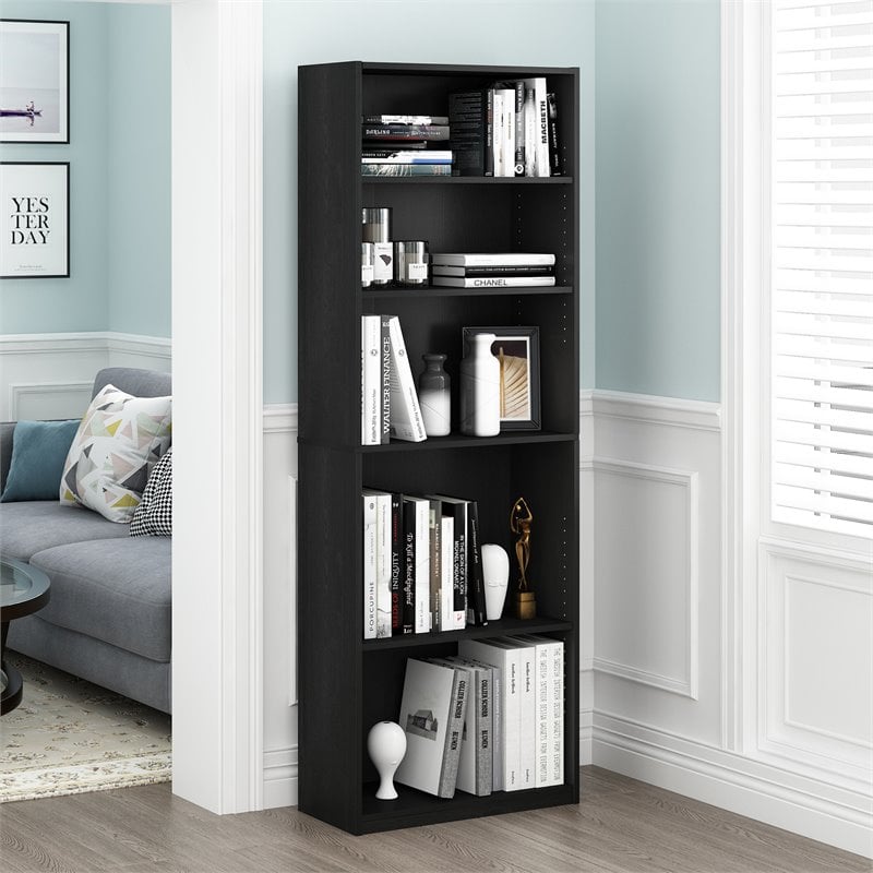 Maklaine Engineered Wood Simply Home 5-Shelf Bookcase in Black