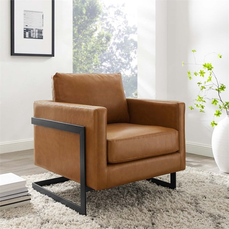 Maklaine Faux Leather Upholstered Accent Chair in Black and Tan