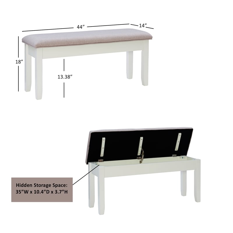 Maklaine Storage Bench with Light Gray Fabric in Vanilla White Painted Wood