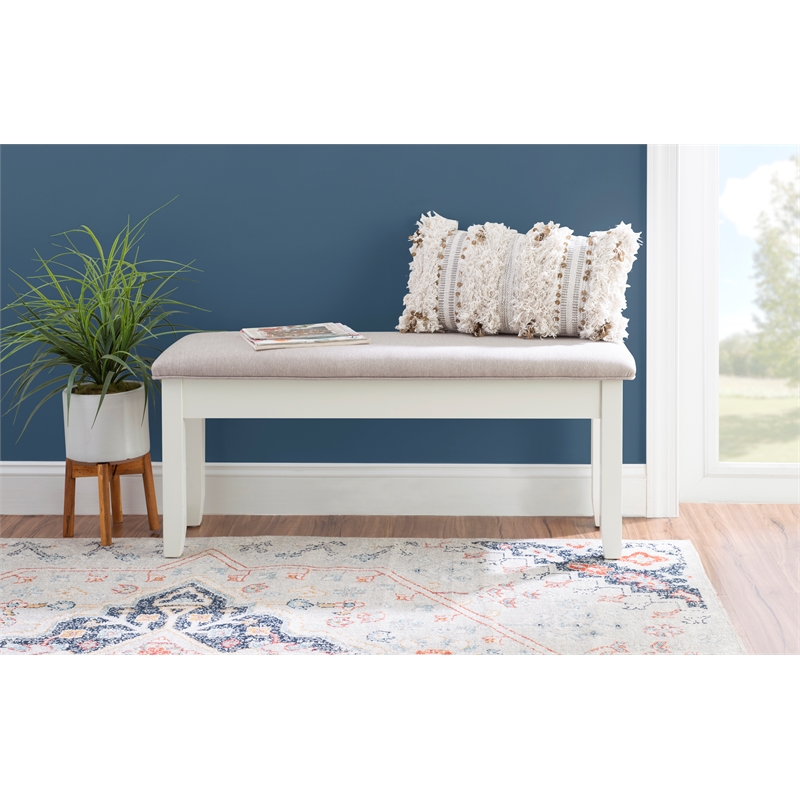 Maklaine Storage Bench with Light Gray Fabric in Vanilla White Painted Wood