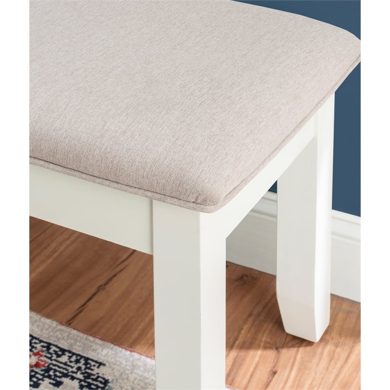 Maklaine Storage Bench with Light Gray Fabric in Vanilla White Painted Wood