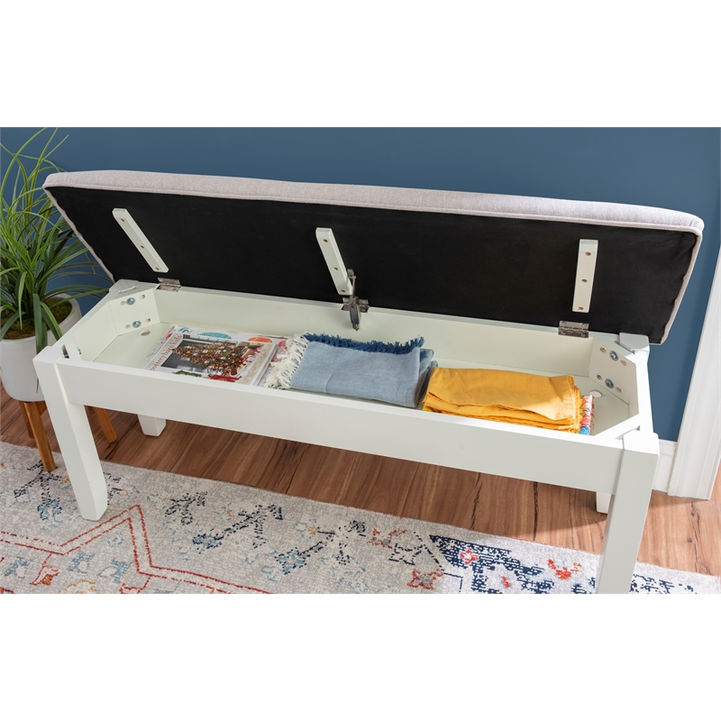 Maklaine Storage Bench with Light Gray Fabric in Vanilla White Painted Wood