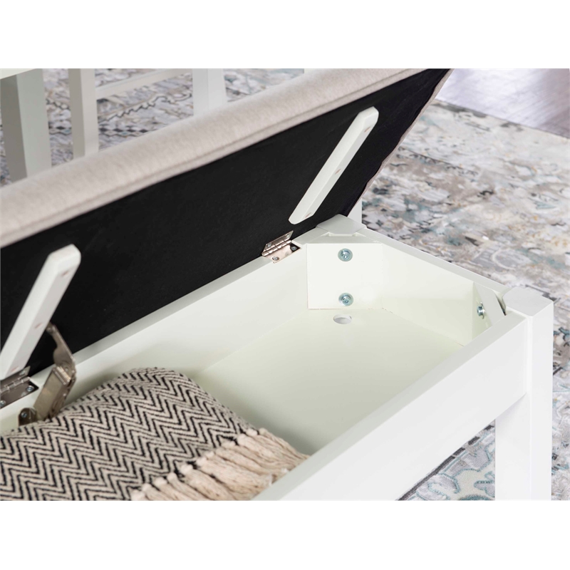 Maklaine Storage Bench with Light Gray Fabric in Vanilla White Painted Wood