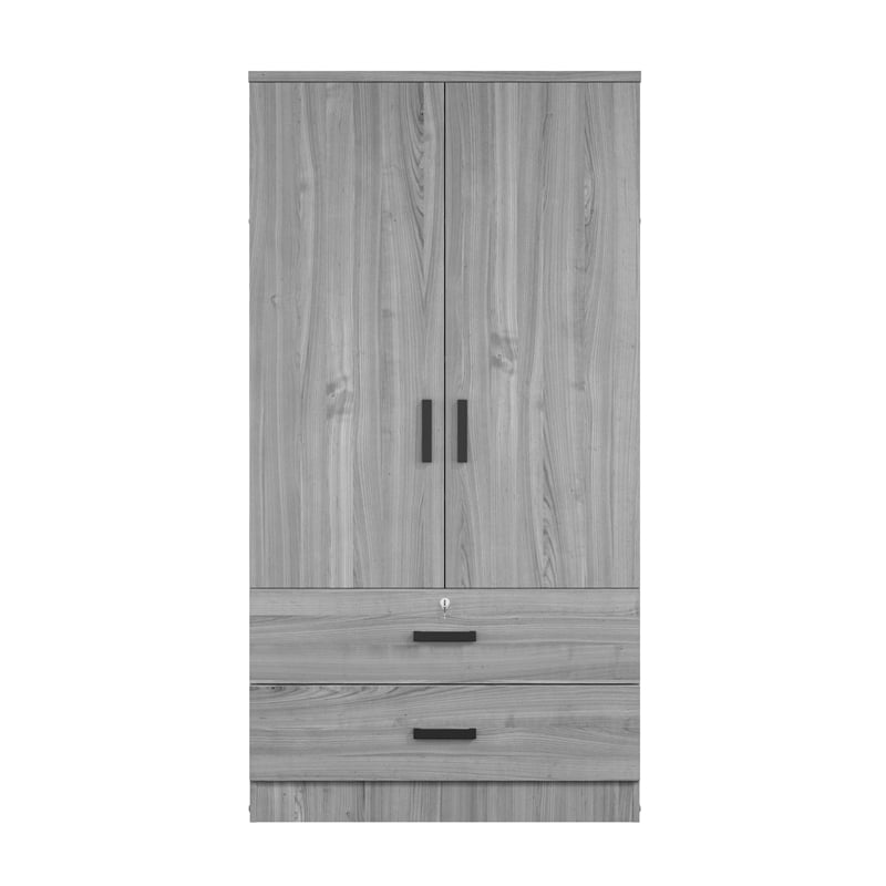 Maklaine Wood 2-Door Wardrobe Armoire with 2-Drawers in Gray