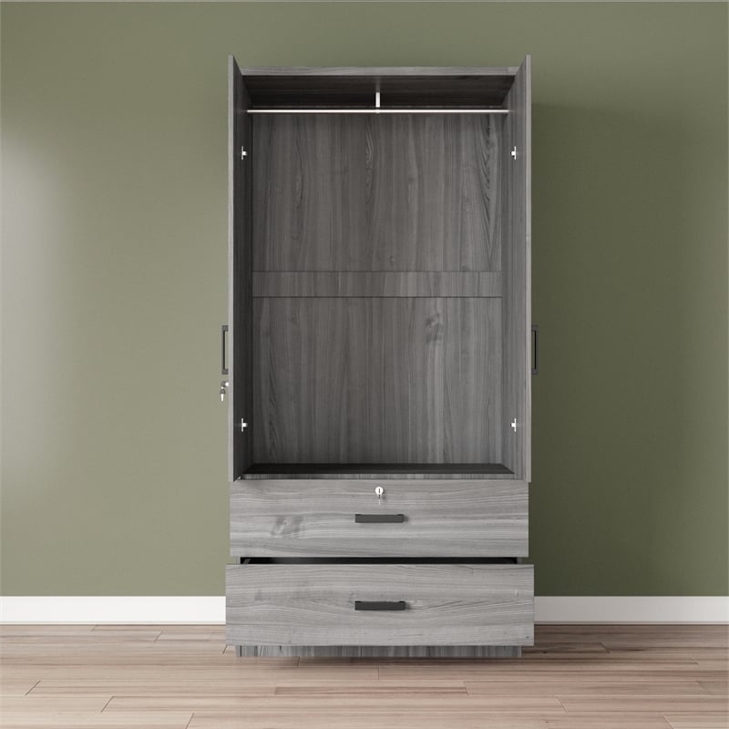 Maklaine Wood 2-Door Wardrobe Armoire with 2-Drawers in Gray