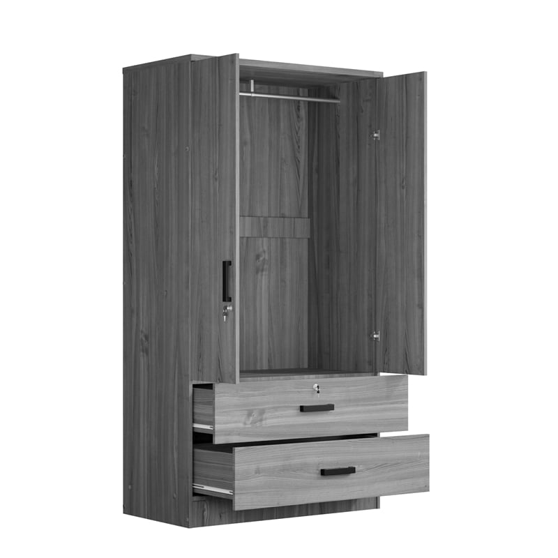 Maklaine Wood 2-Door Wardrobe Armoire with 2-Drawers in Gray