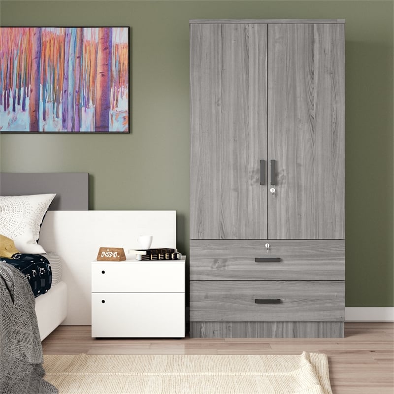 Maklaine Wood 2-Door Wardrobe Armoire with 2-Drawers in Gray