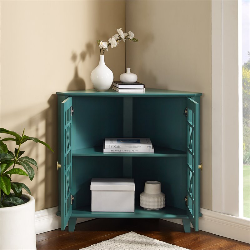 Maklaine Corner Accent Cabinet with 1-Adjustable Shelf in Dark Teal