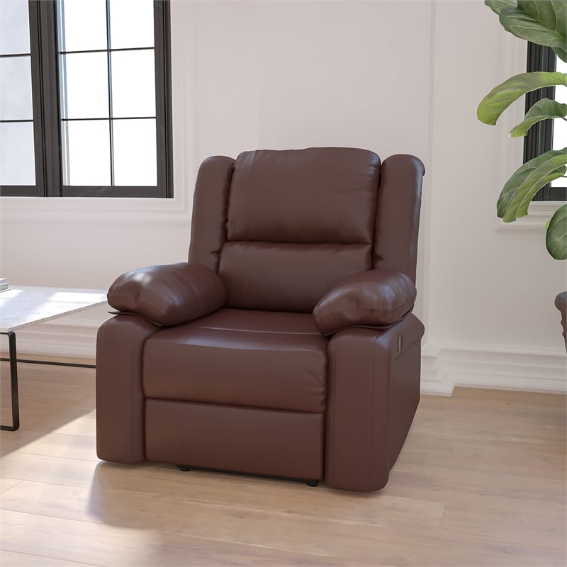 Maklaine Modern / Contemporary Leather Recliner in Brown Finish